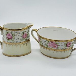 Nippon Pink Roses Gold Gilt and Textured Raised Dot Pattern Cream and Sugar Set
